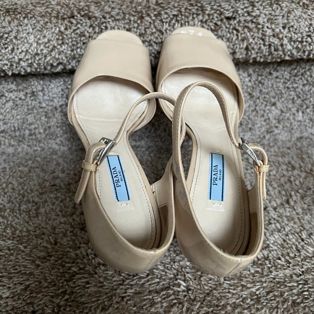 Prada Women's Cream Patent Leather Strap Shoes. - Picture 8 of 13